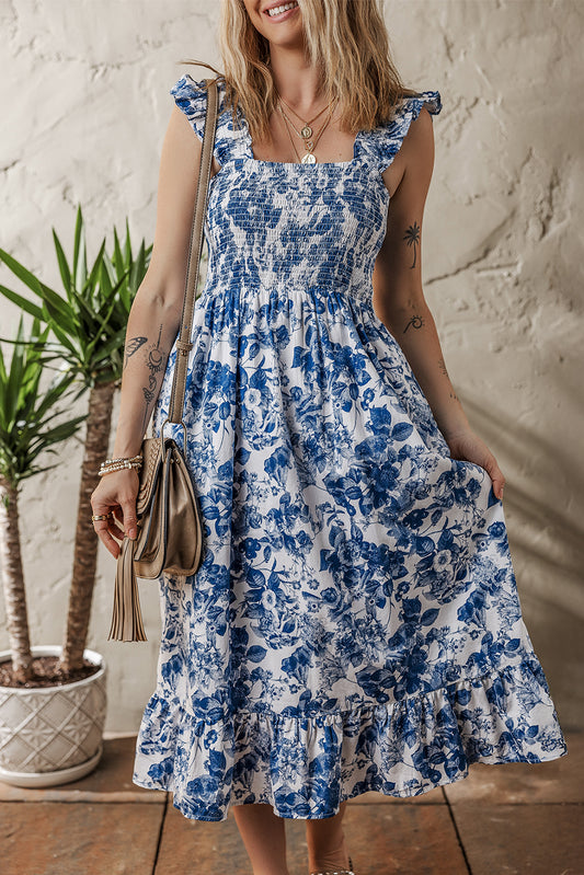 Blue Floral Ruffle Strap Square Neck Smocked Bodice Midi Dress-TOPS / DRESSES-[Adult]-[Female]-Blue-S-2022 Online Blue Zone Planet