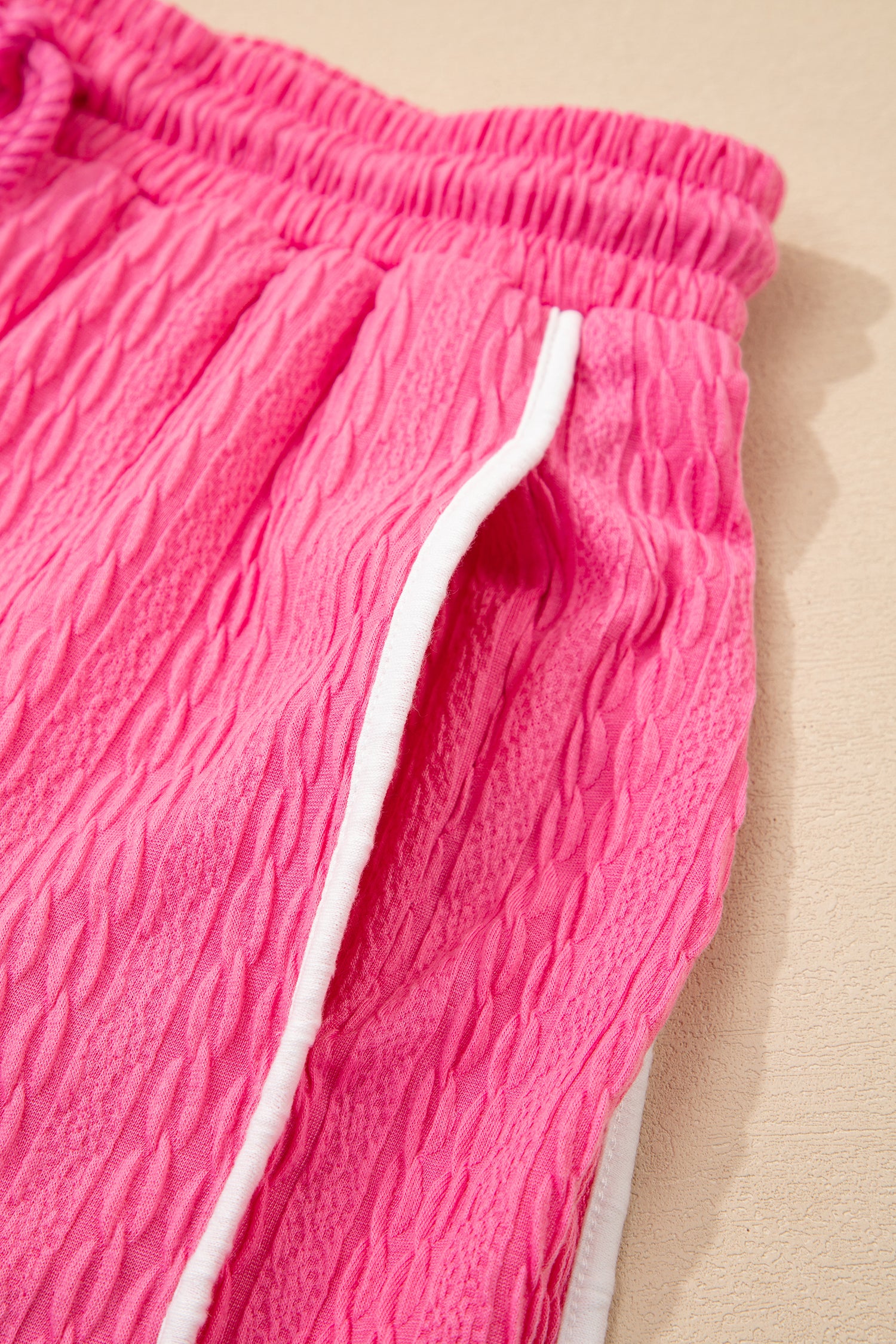 Bright Pink Textured Color Block Trim Loose Tee Drawstring Shorts 2pcs Set-Two Piece Sets/Short Sets-[Adult]-[Female]-2022 Online Blue Zone Planet