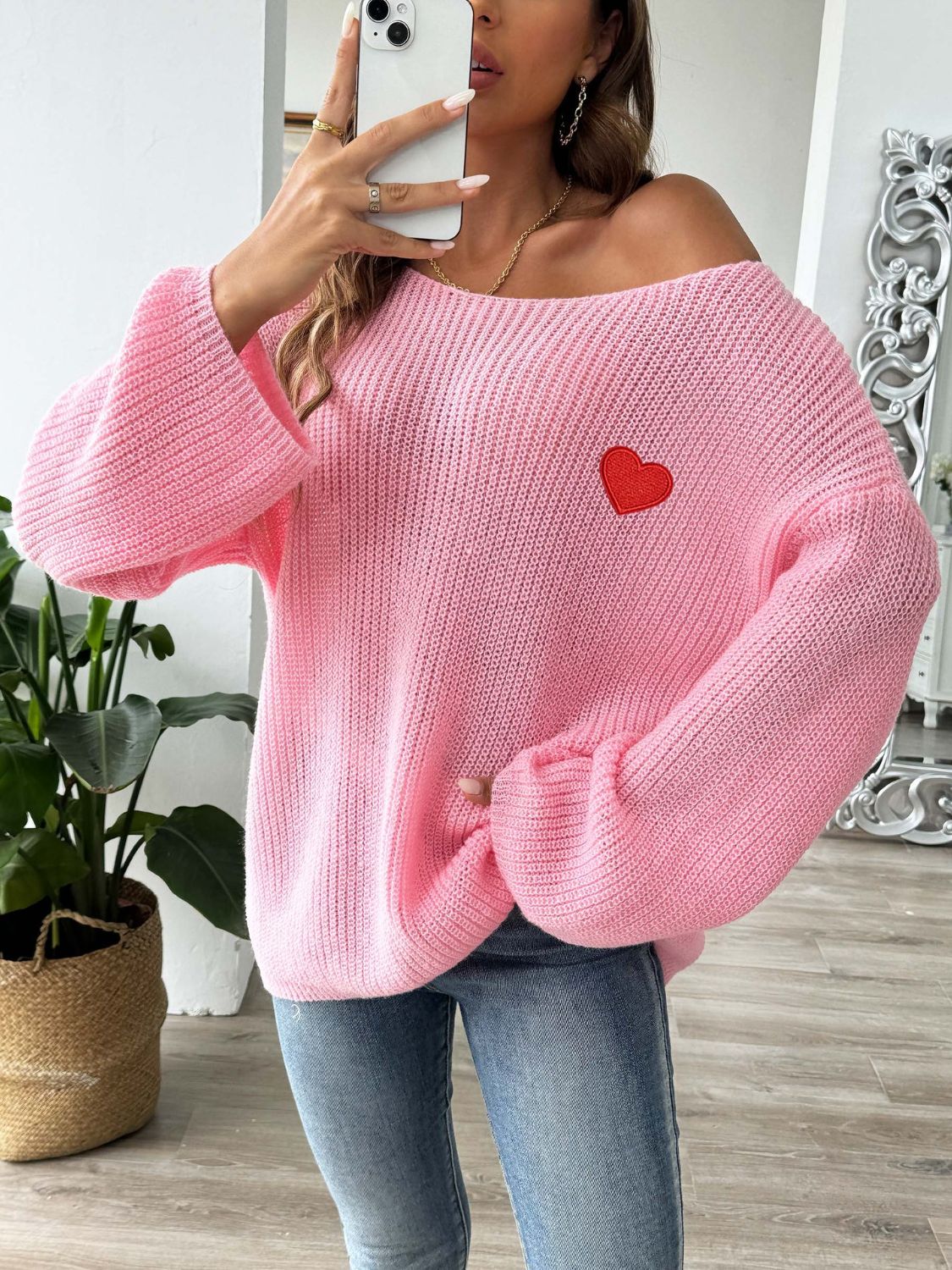 Heart Boat Neck Dropped Shoulder Sweater-TOPS / DRESSES-[Adult]-[Female]-2022 Online Blue Zone Planet