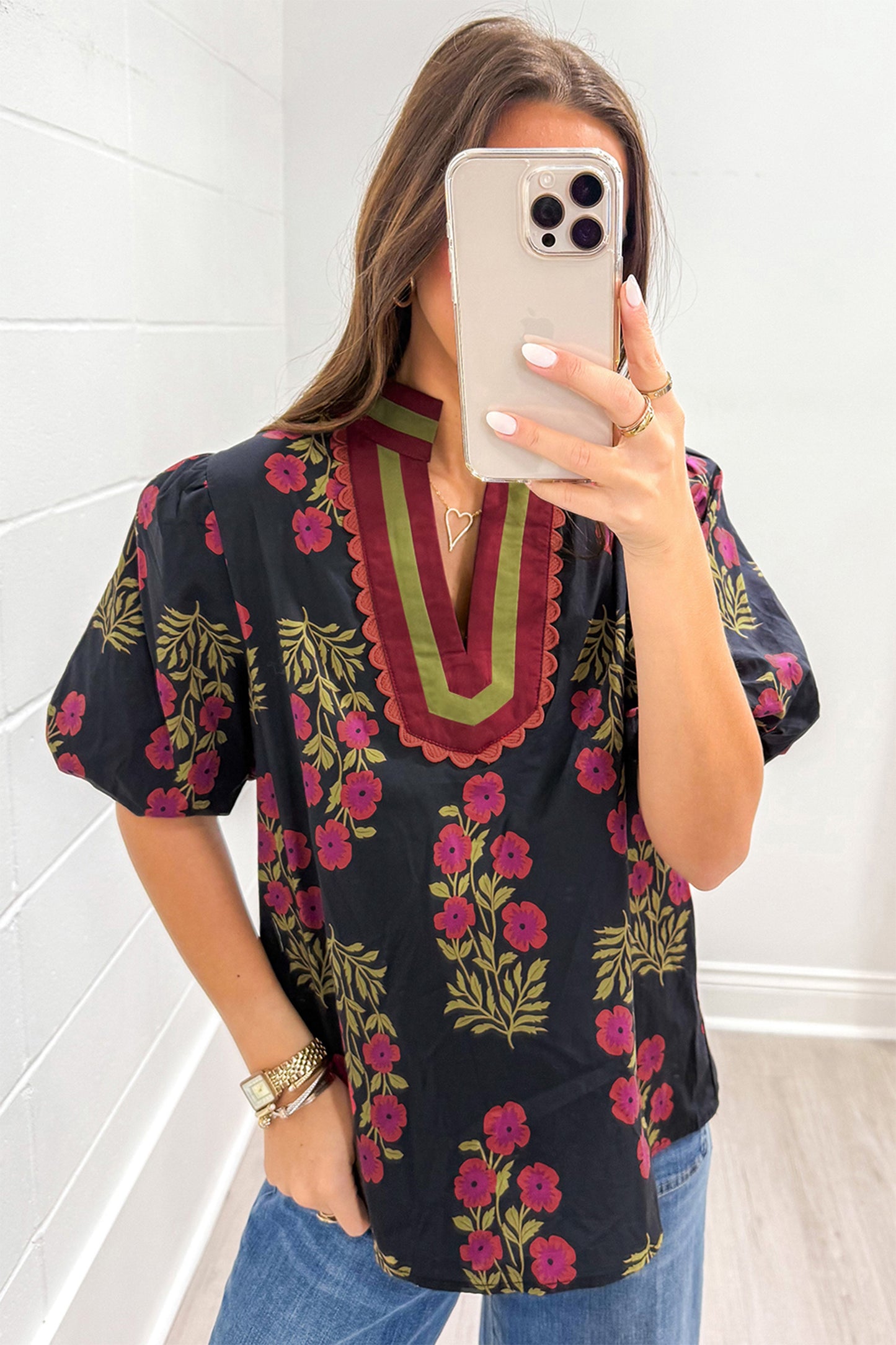 Black Floral Short Bubble Sleeve Contrast Slit Neckline Blouse-Tops/Blouses & Shirts-[Adult]-[Female]-2022 Online Blue Zone Planet