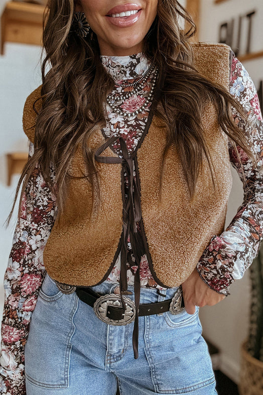 Light French Beige Contrast Trim Tie Front Sherpa Vest-Outerwear/Vests-[Adult]-[Female]-Light French Beige-S-2022 Online Blue Zone Planet