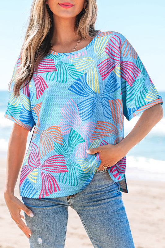 Sky Blue Bowknot Printed Waffle Crewneck Loose Short Sleeve Top-Tops/Tops & Tees-[Adult]-[Female]-Sky Blue-S-2022 Online Blue Zone Planet