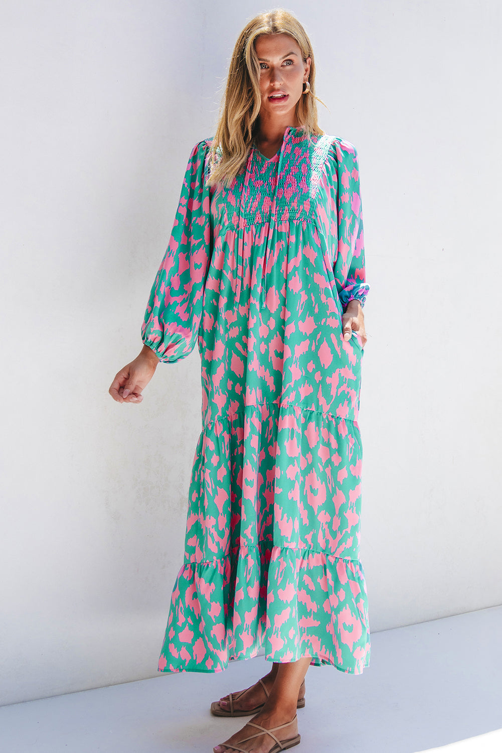 Blue Zone Planet | Green Abstract Print Puff Sleeve Tied Notched Neck Long Dress-TOPS / DRESSES-[Adult]-[Female]-2022 Online Blue Zone Planet