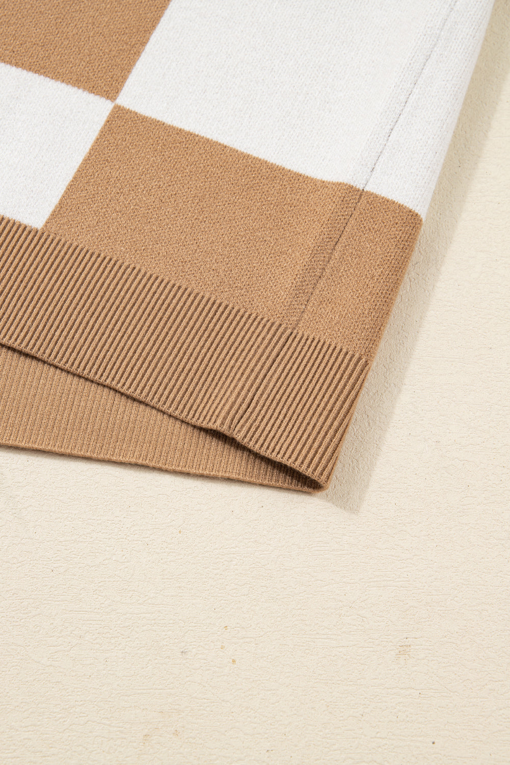 Light French Beige Plus Size Checkered Pattern Knit Short Sleeve Sweater-Plus Size/Plus Size Sweaters & Cardigans-[Adult]-[Female]-2022 Online Blue Zone Planet