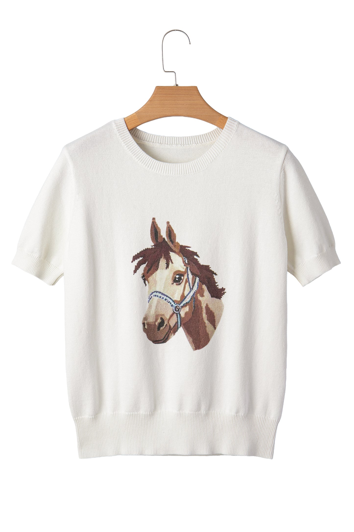 White Wild West Horse Head Printed Short Sleeve Sweater-TOPS / DRESSES-[Adult]-[Female]-2022 Online Blue Zone Planet