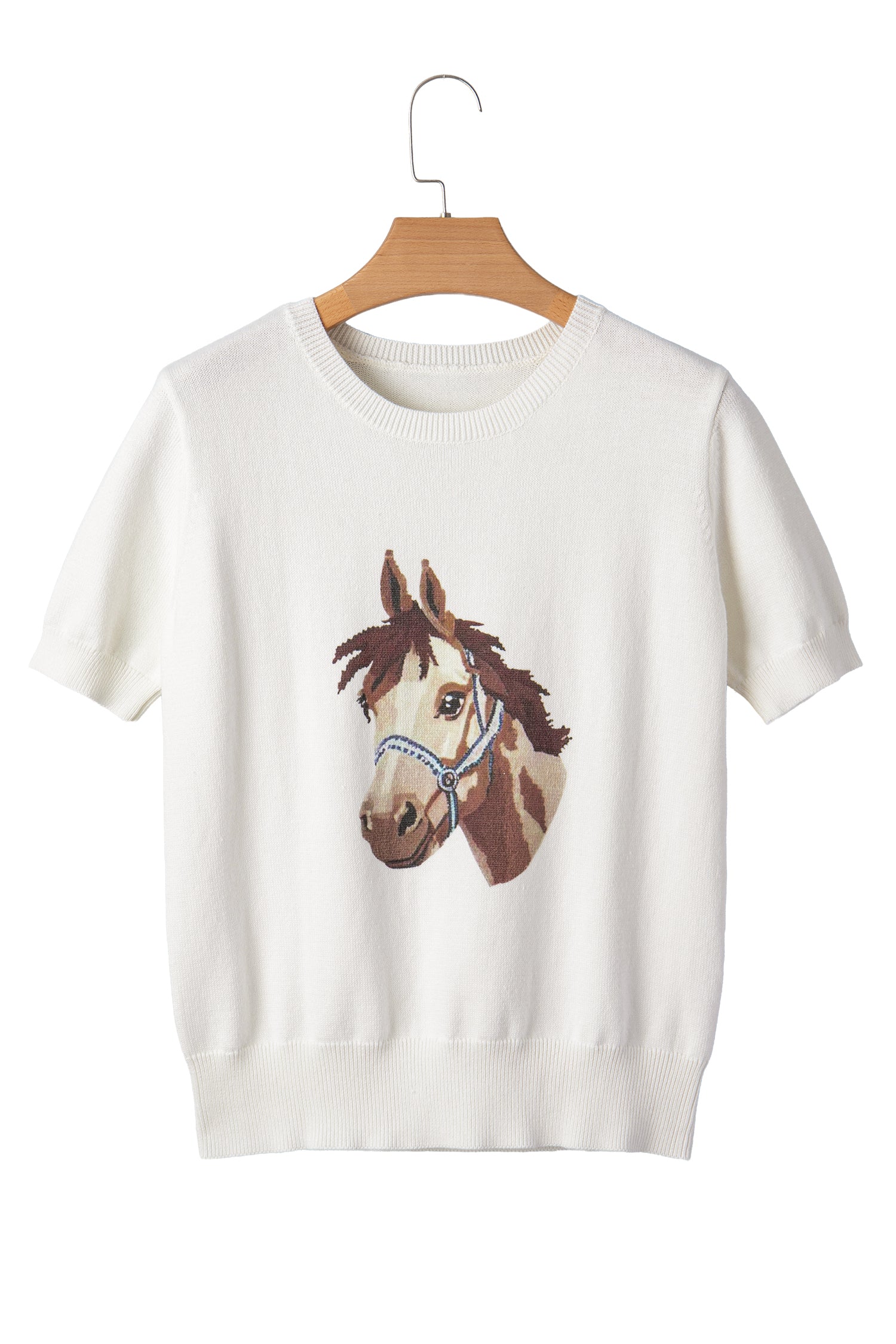 White Wild West Horse Head Printed Short Sleeve Sweater-TOPS / DRESSES-[Adult]-[Female]-2022 Online Blue Zone Planet