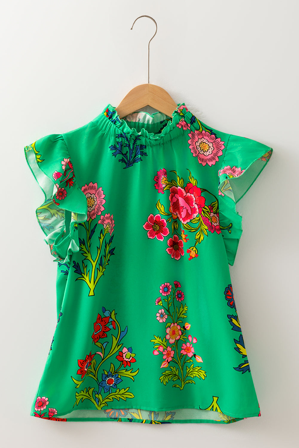 Green Floral Print Flutter Sleeve Frilly Neck Blouse-Tops/Blouses & Shirts-[Adult]-[Female]-2022 Online Blue Zone Planet