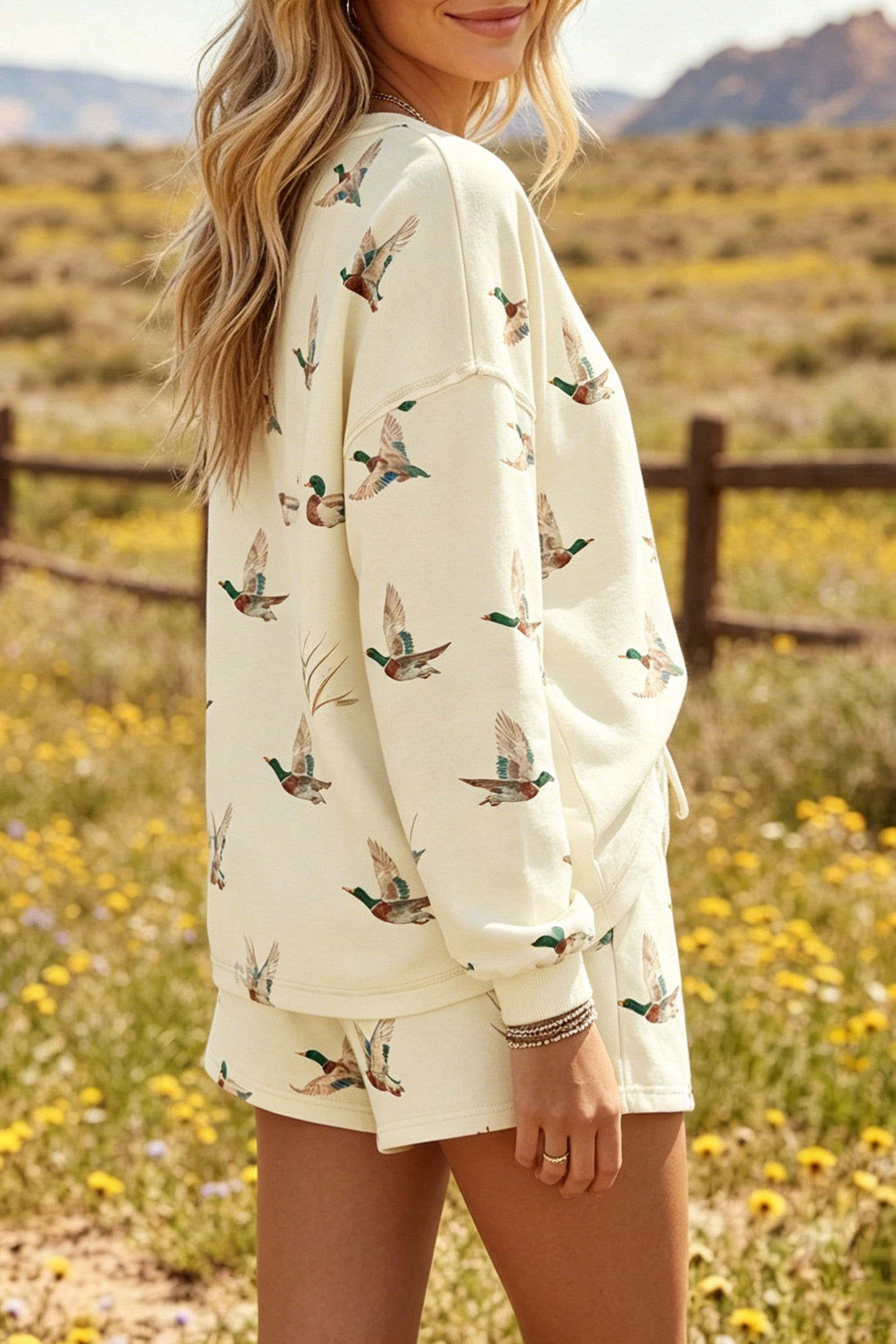 Beige Free Mallard Print Long Sleeve Top Drawstring Short Set-Two Piece Sets/Short Sets-[Adult]-[Female]-2022 Online Blue Zone Planet