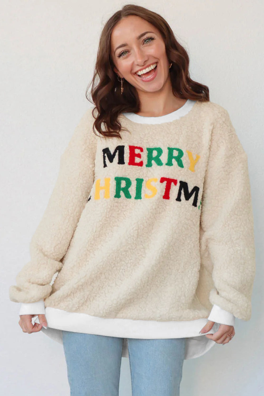 White MERRY CHRISTMAS Multicolor Embroidered Sherpa Pullover Sweatshirt-Tops/Sweatshirts & Hoodies-[Adult]-[Female]-2022 Online Blue Zone Planet