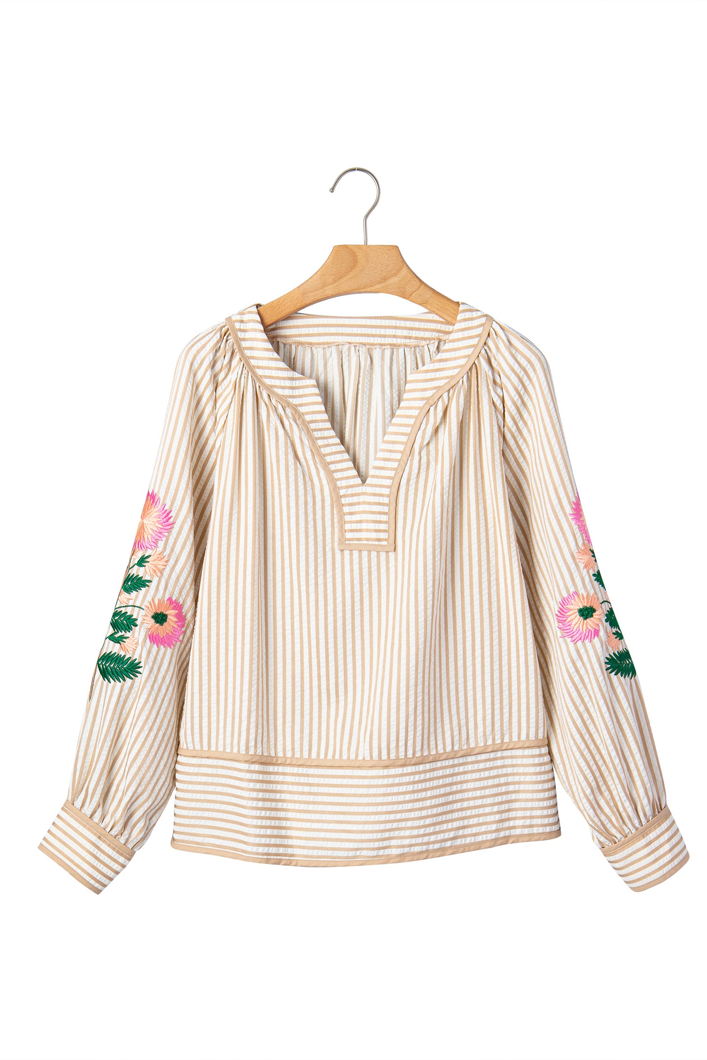Khaki Stripe V Neck Floral Embroidered Long Sleeve Blouse-Tops/Blouses & Shirts-[Adult]-[Female]-2022 Online Blue Zone Planet