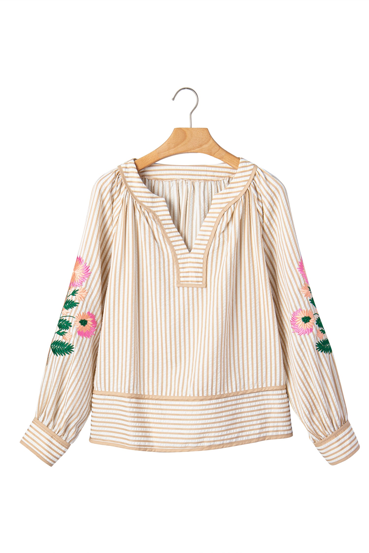 Khaki Stripe V Neck Floral Embroidered Long Sleeve Blouse-Tops/Blouses & Shirts-[Adult]-[Female]-2022 Online Blue Zone Planet