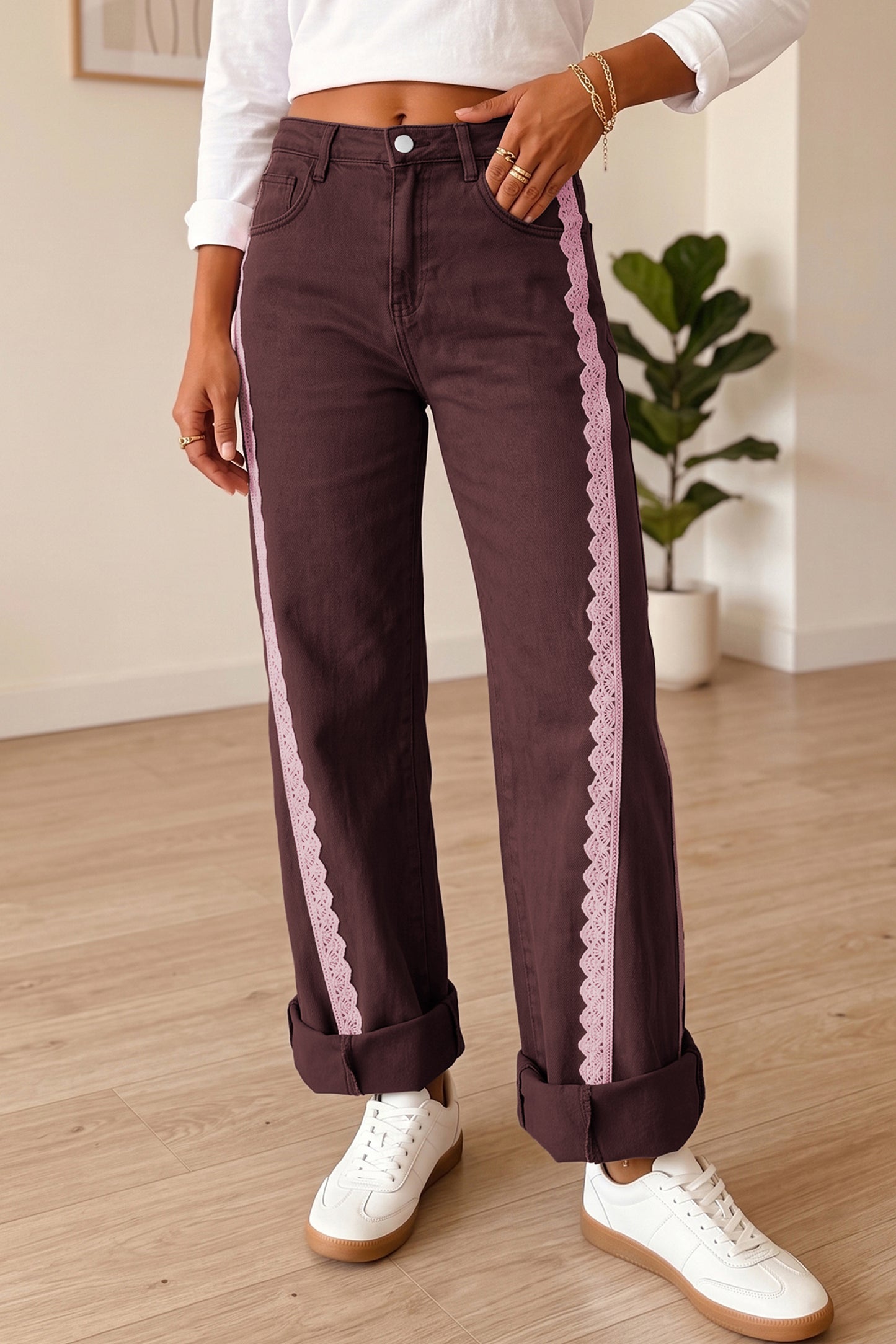 Coffee Lace Trim Casual Full-Length Regular Fit Jeans-Bottoms/Jeans-[Adult]-[Female]-2022 Online Blue Zone Planet