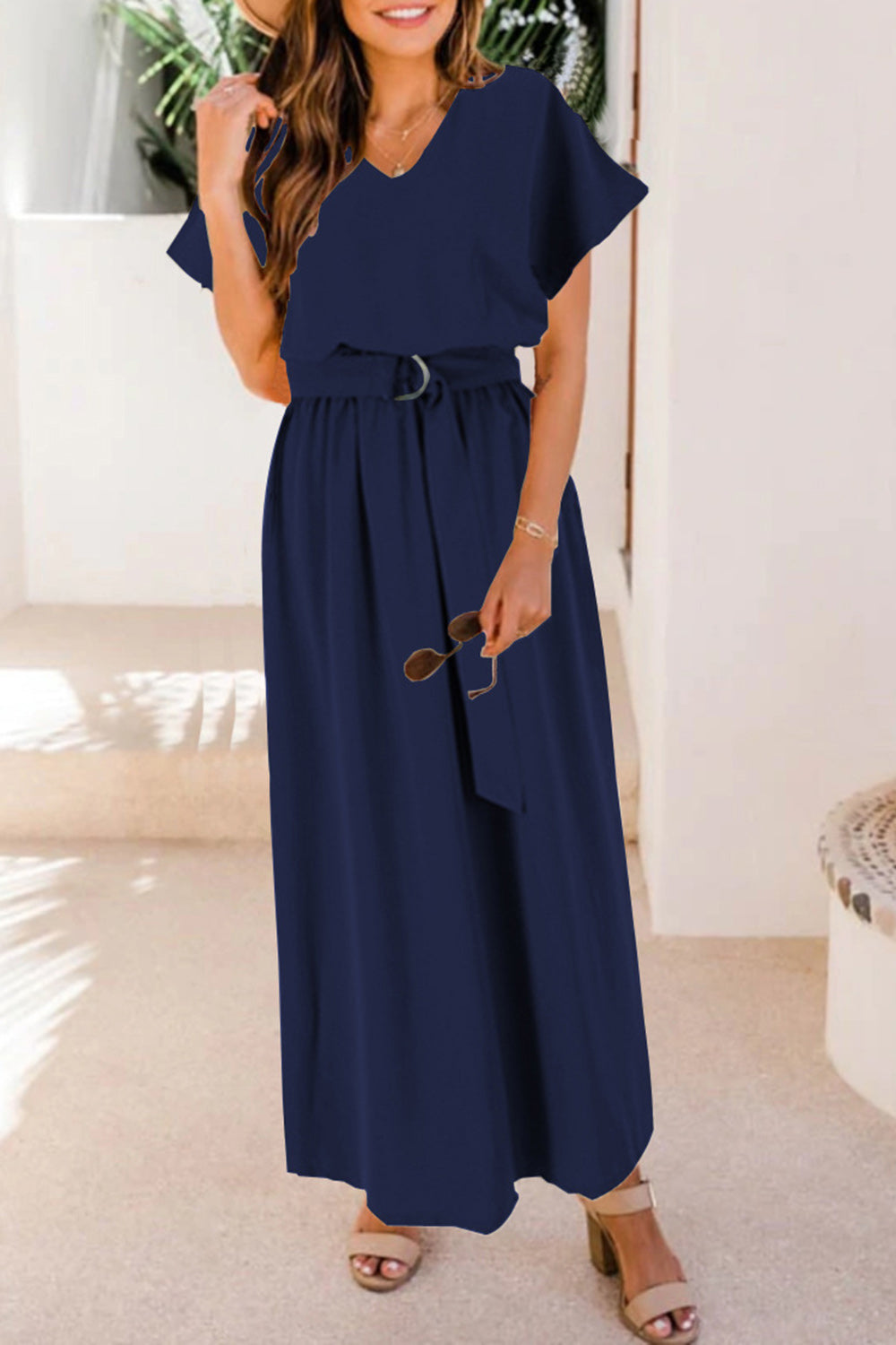 Ruched V-Neck Cap Sleeve Dress-TOPS / DRESSES-[Adult]-[Female]-Dark Blue-S-2022 Online Blue Zone Planet