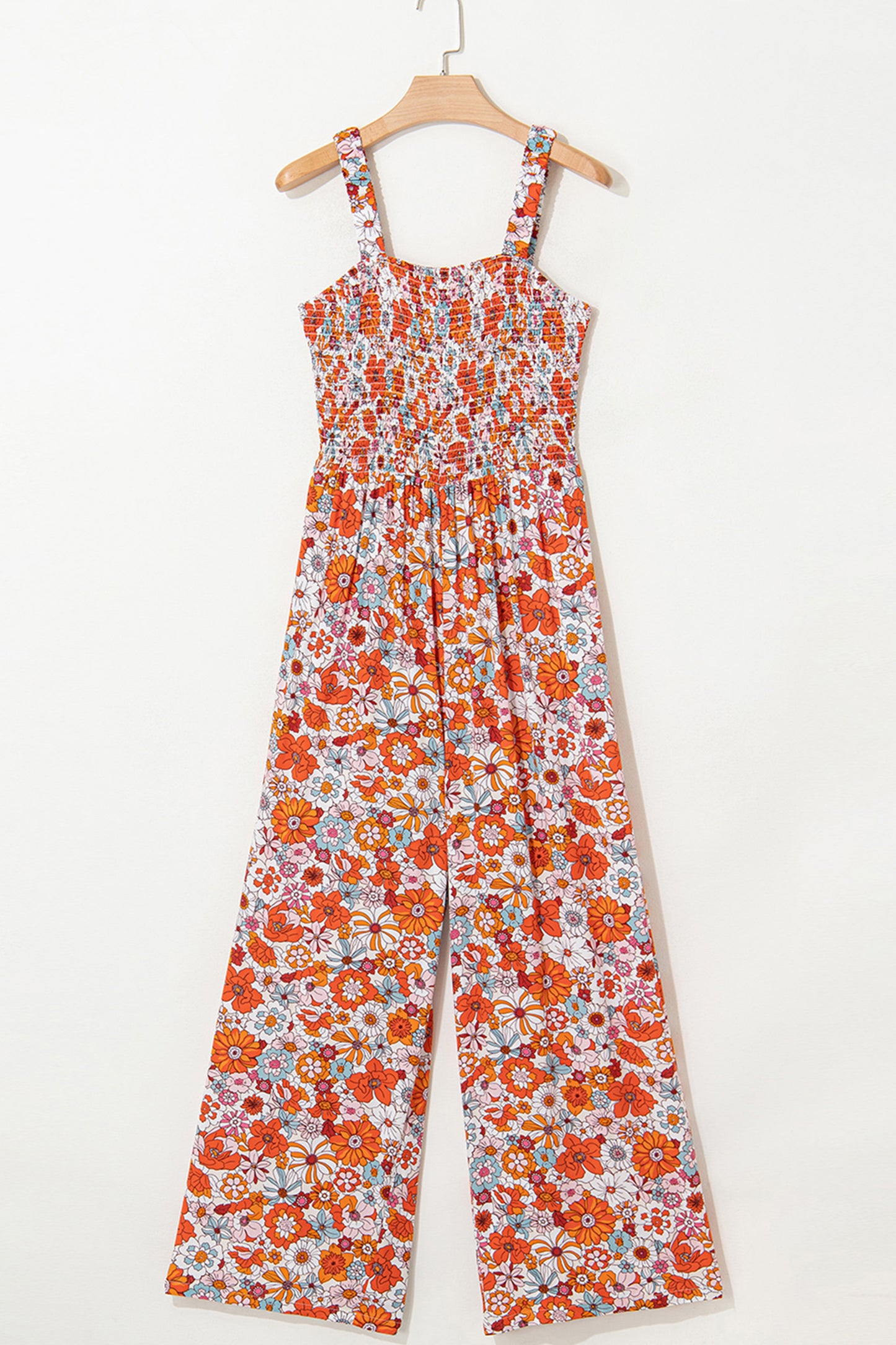 Orange Floral Print Sleeveless Smocked Shift Jumpsuit-Bottoms/Jumpsuits & Rompers-[Adult]-[Female]-2022 Online Blue Zone Planet