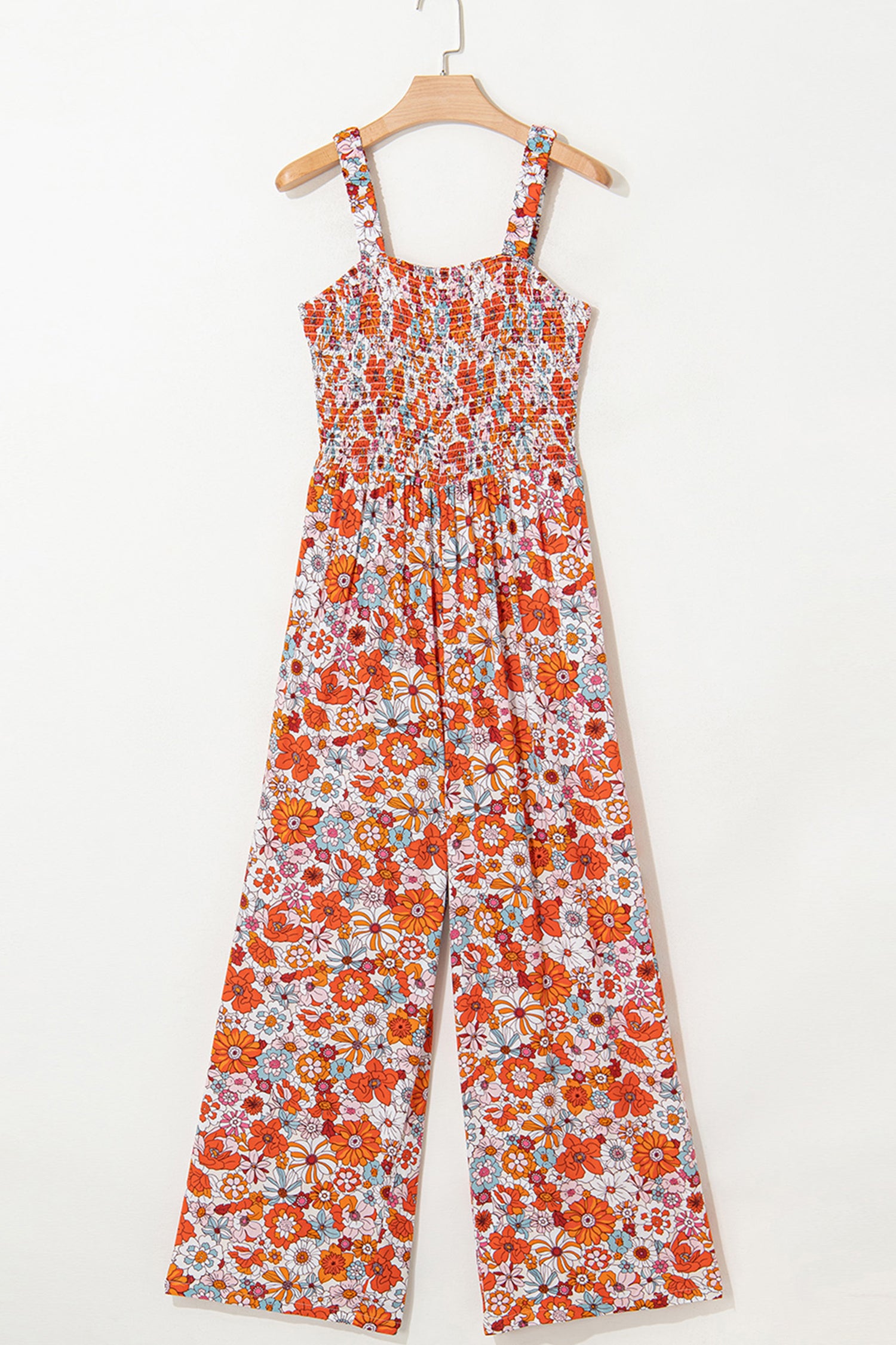 Orange Floral Print Sleeveless Smocked Shift Jumpsuit-Bottoms/Jumpsuits & Rompers-[Adult]-[Female]-2022 Online Blue Zone Planet