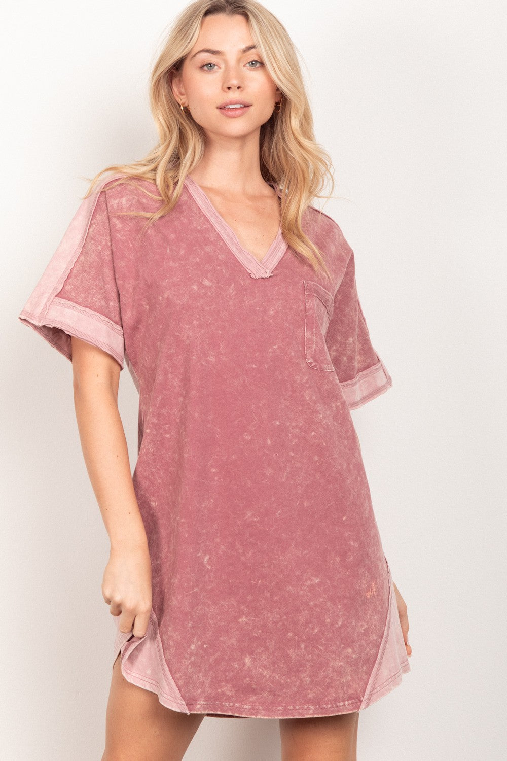 VERY J Short Sleeve V-Neck Tee Dress-TOPS / DRESSES-[Adult]-[Female]-Mauve-S-2022 Online Blue Zone Planet