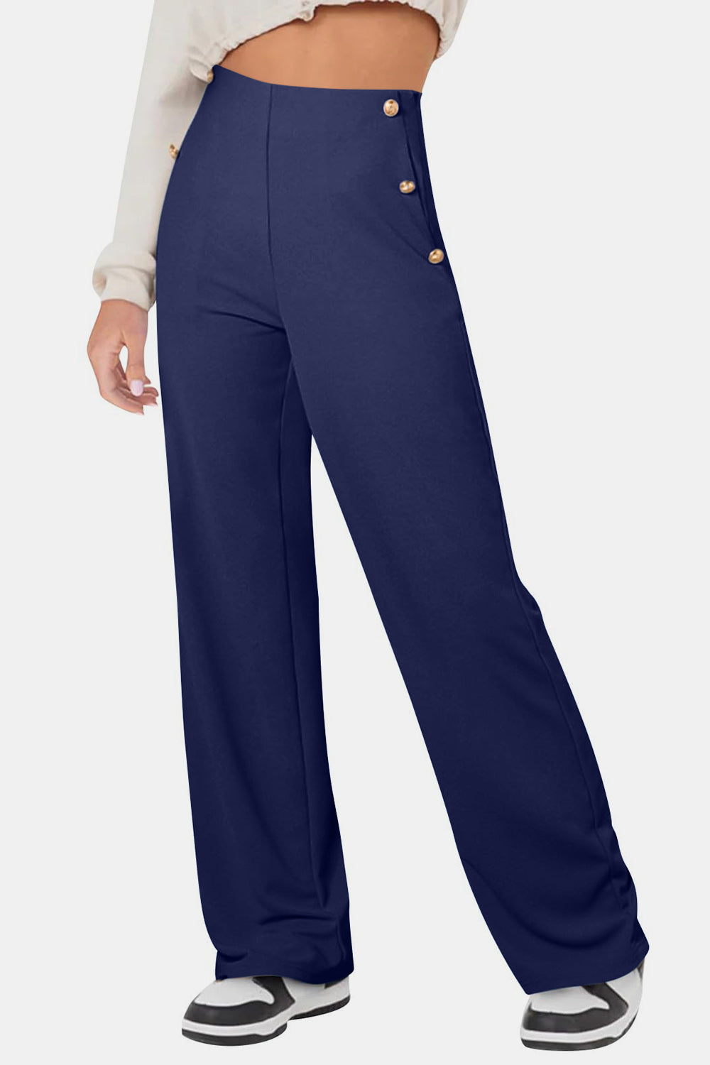 Decorative Button High Rise Pants-BOTTOMS SIZES SMALL MEDIUM LARGE-[Adult]-[Female]-Navy-S-2022 Online Blue Zone Planet