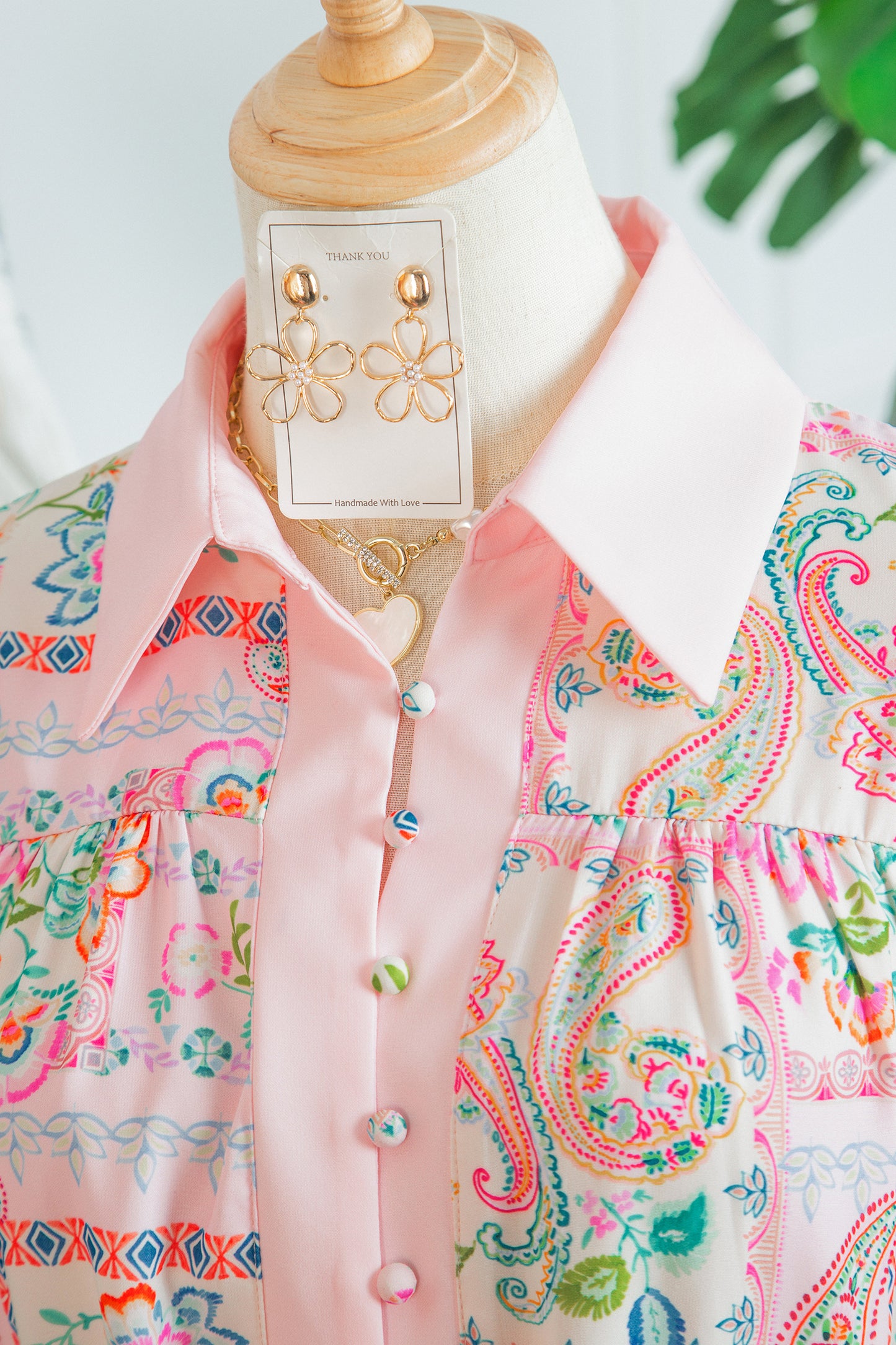 Pink Boho Floral Print Color Block Trim Half Button Belted Mini Dress-TOPS / DRESSES-[Adult]-[Female]-2022 Online Blue Zone Planet