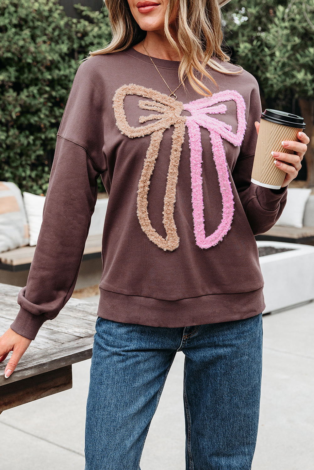 Dark Khaki Contrast Terry Bow Pattern Drop Shoulder Sweatshirt-Tops/Sweatshirts & Hoodies-[Adult]-[Female]-2022 Online Blue Zone Planet
