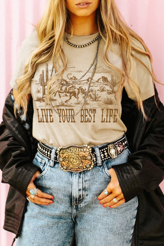 Beige Live Your Best Life Crew Neck Western Graphic Tee-Graphic/Graphic Tees-[Adult]-[Female]-Beige-S-2022 Online Blue Zone Planet