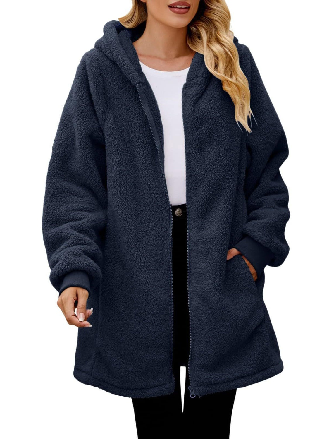 Fuzzy Pocketed Zip Up Long Sleeve Hooded Jacket-TOPS / DRESSES-[Adult]-[Female]-2022 Online Blue Zone Planet