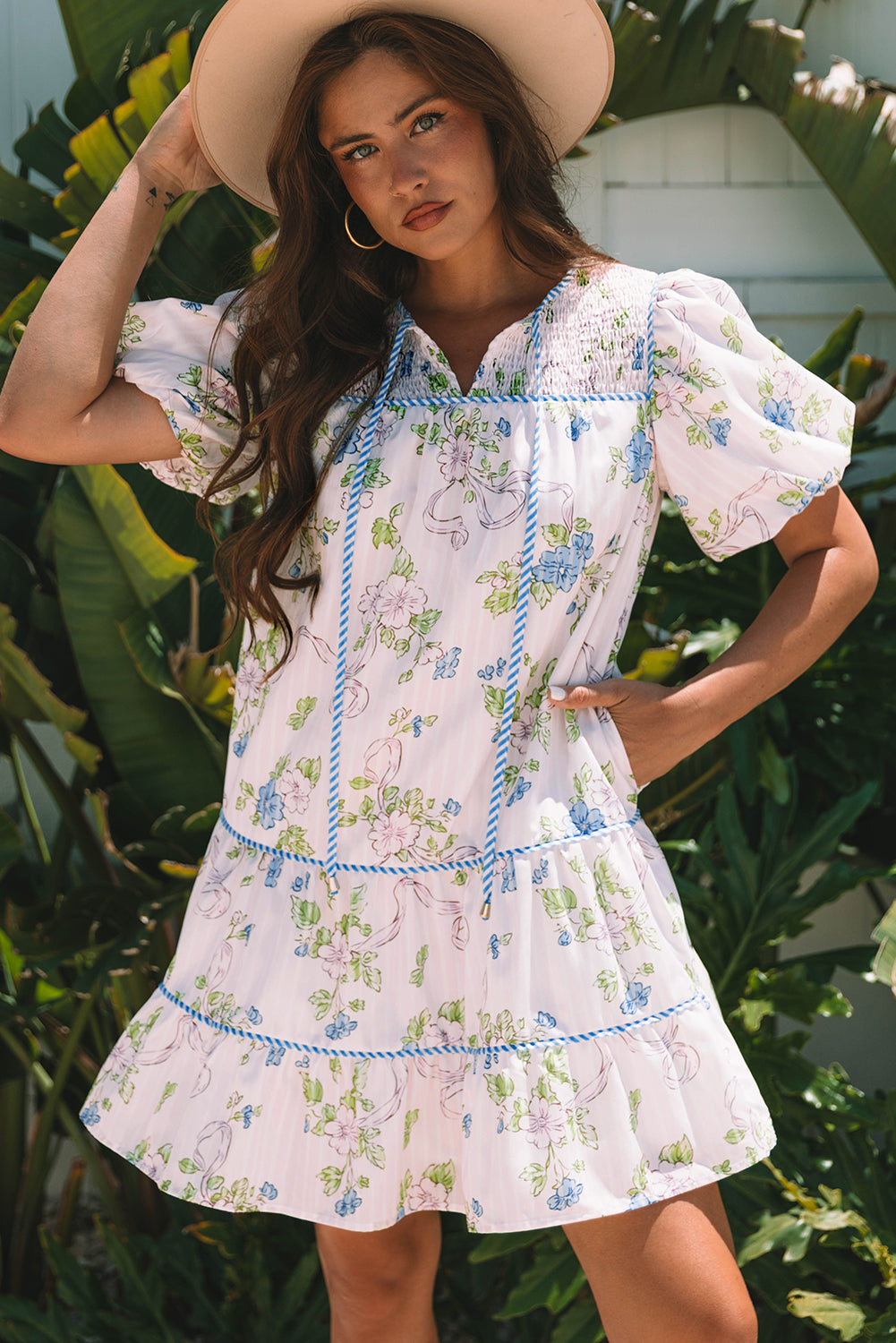 Pink Floral Striped Print Contrast Trim Tie Split Neck Mini Dress-TOPS / DRESSES-[Adult]-[Female]-2022 Online Blue Zone Planet