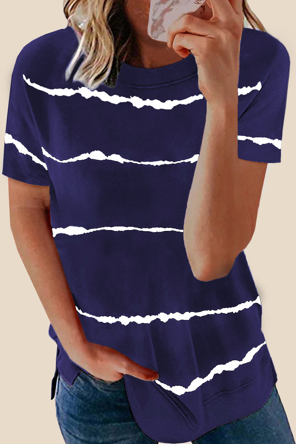 Blue Tie-Dye Stripe Casual T-Shirt-Tops / Dresses-[Adult]-[Female]-Blue-S-2022 Online Blue Zone Planet