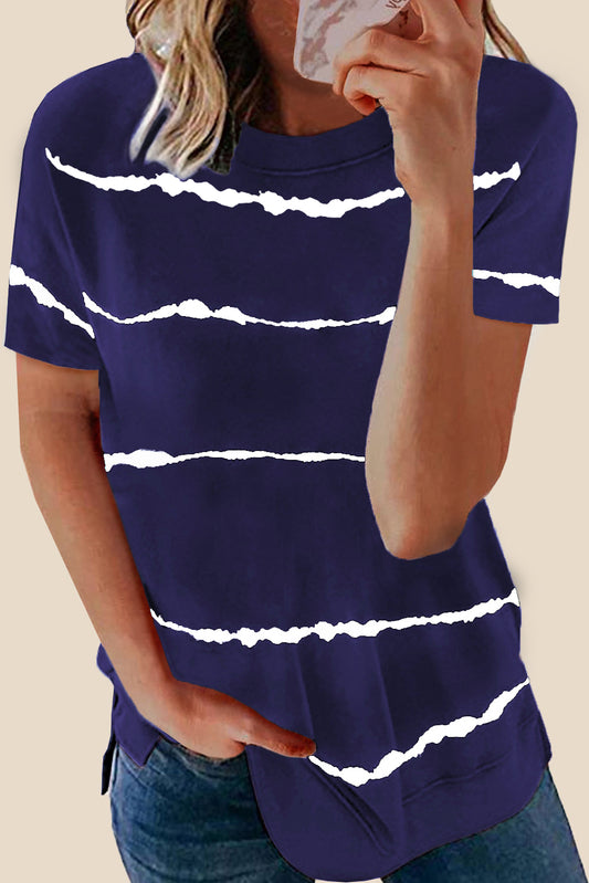 Blue Tie-Dye Stripe Casual T-Shirt-Tops / Dresses-[Adult]-[Female]-Blue-S-2022 Online Blue Zone Planet