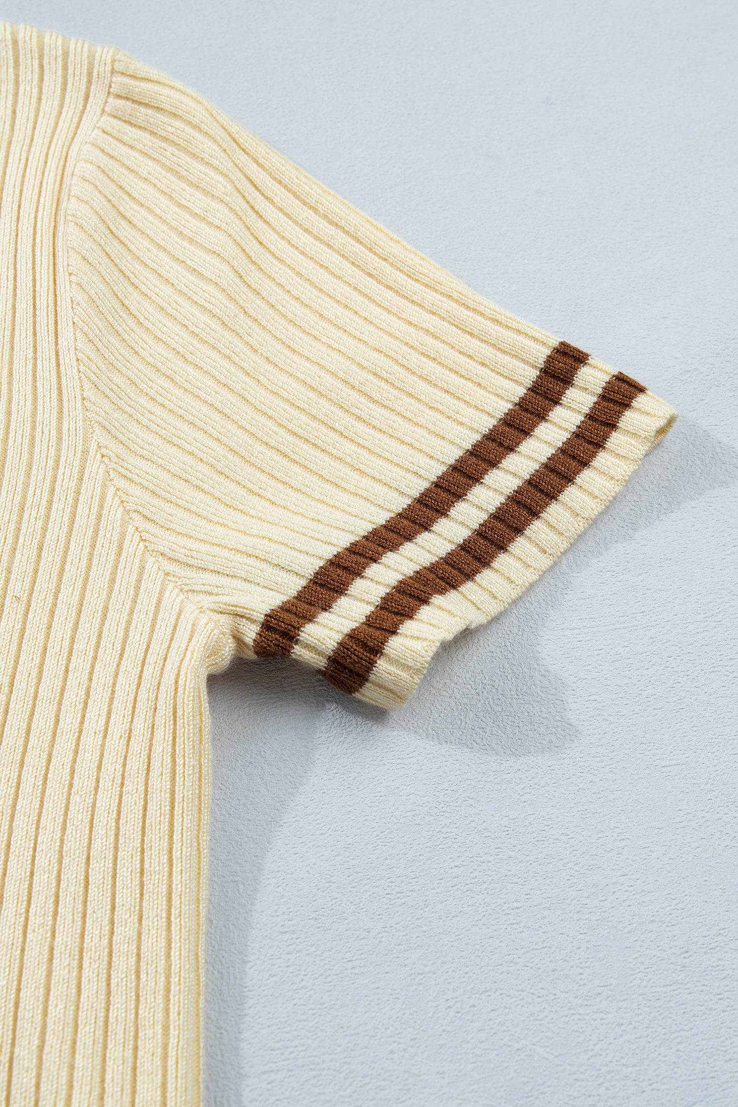 Apricot V Neck Ribbed Knit Striped Trim Short Sleeve Sweater-Sweaters & Cardigans/Short Sleeve Sweaters-[Adult]-[Female]-2022 Online Blue Zone Planet