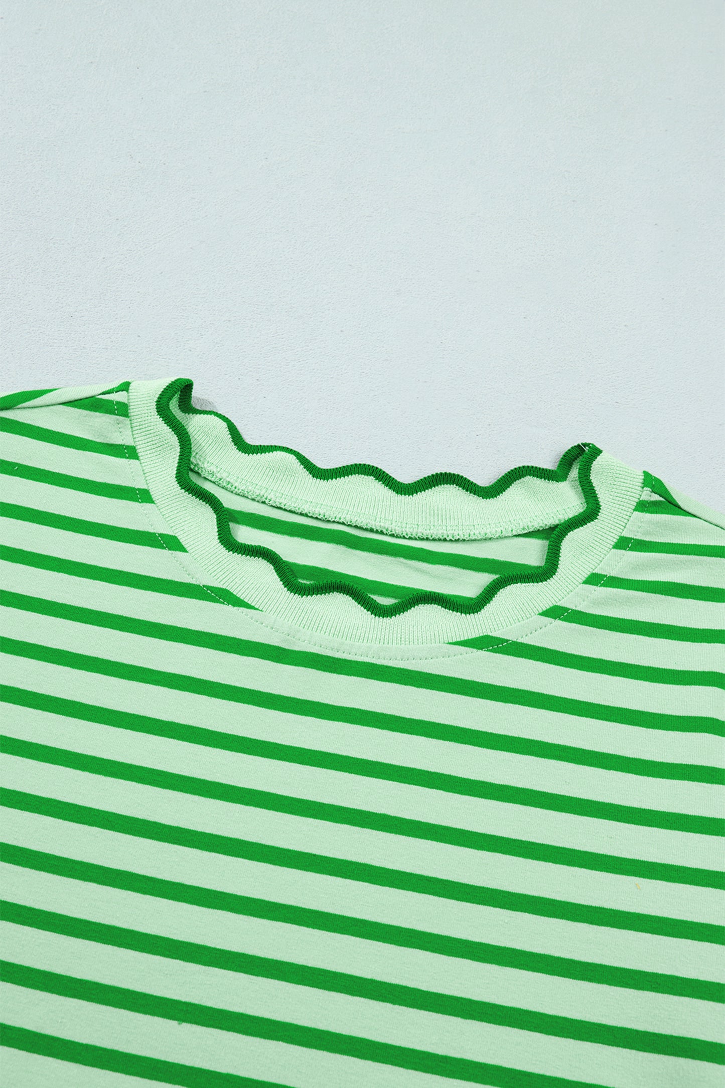 Green Stripe Scalloped Trim Round Neck T Shirt-Tops/Tops & Tees-[Adult]-[Female]-2022 Online Blue Zone Planet
