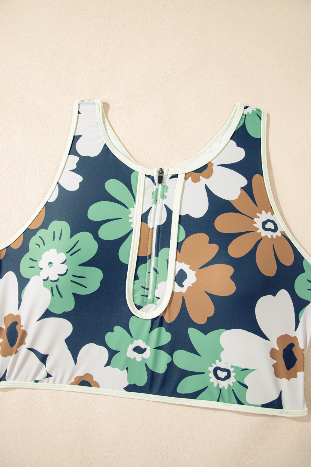 Green Floral Printed Zipped Plus Size Two Pieces Bikini-Plus Size/Plus Size Swimwear-[Adult]-[Female]-2022 Online Blue Zone Planet