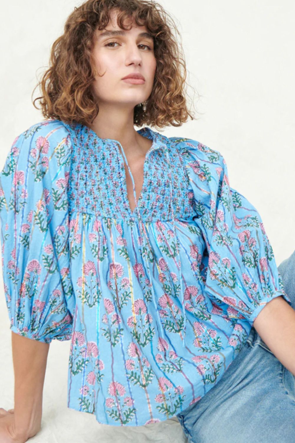 Smocked Floral Print Tie Neck Blouse-TOPS / DRESSES-[Adult]-[Female]-2022 Online Blue Zone Planet