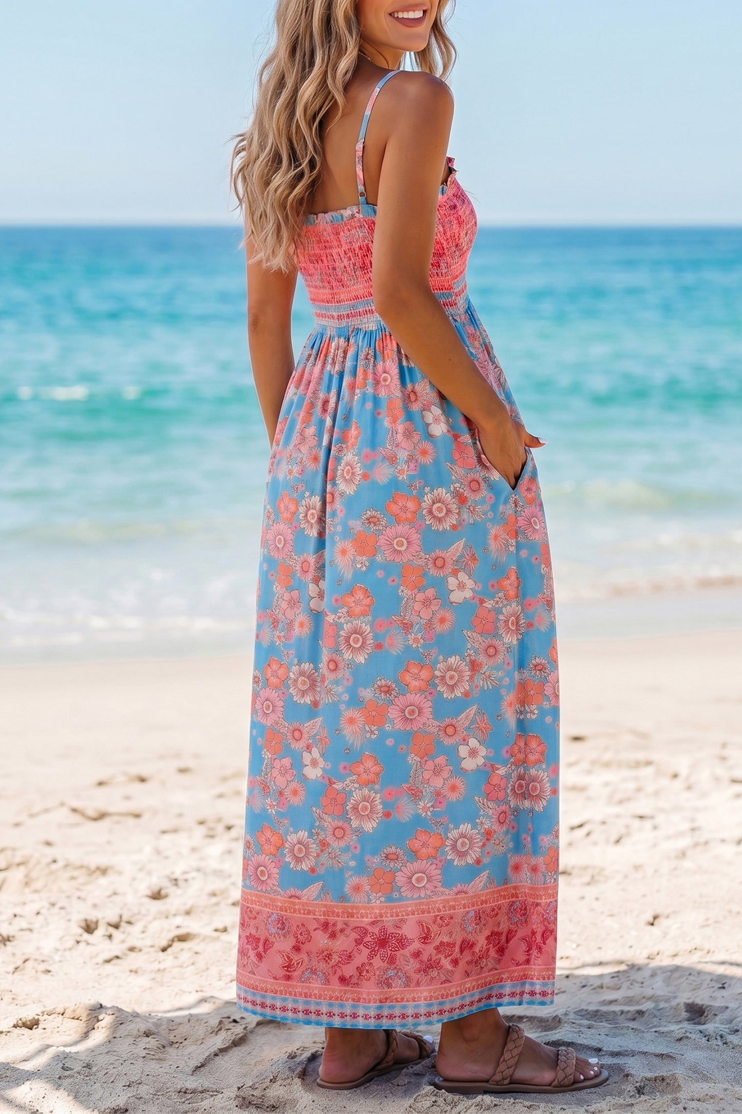 Sky Blue Bohemian Ethnic Print Spaghetti Straps Vacation Maxi Dress-TOPS / DRESSES-[Adult]-[Female]-2022 Online Blue Zone Planet