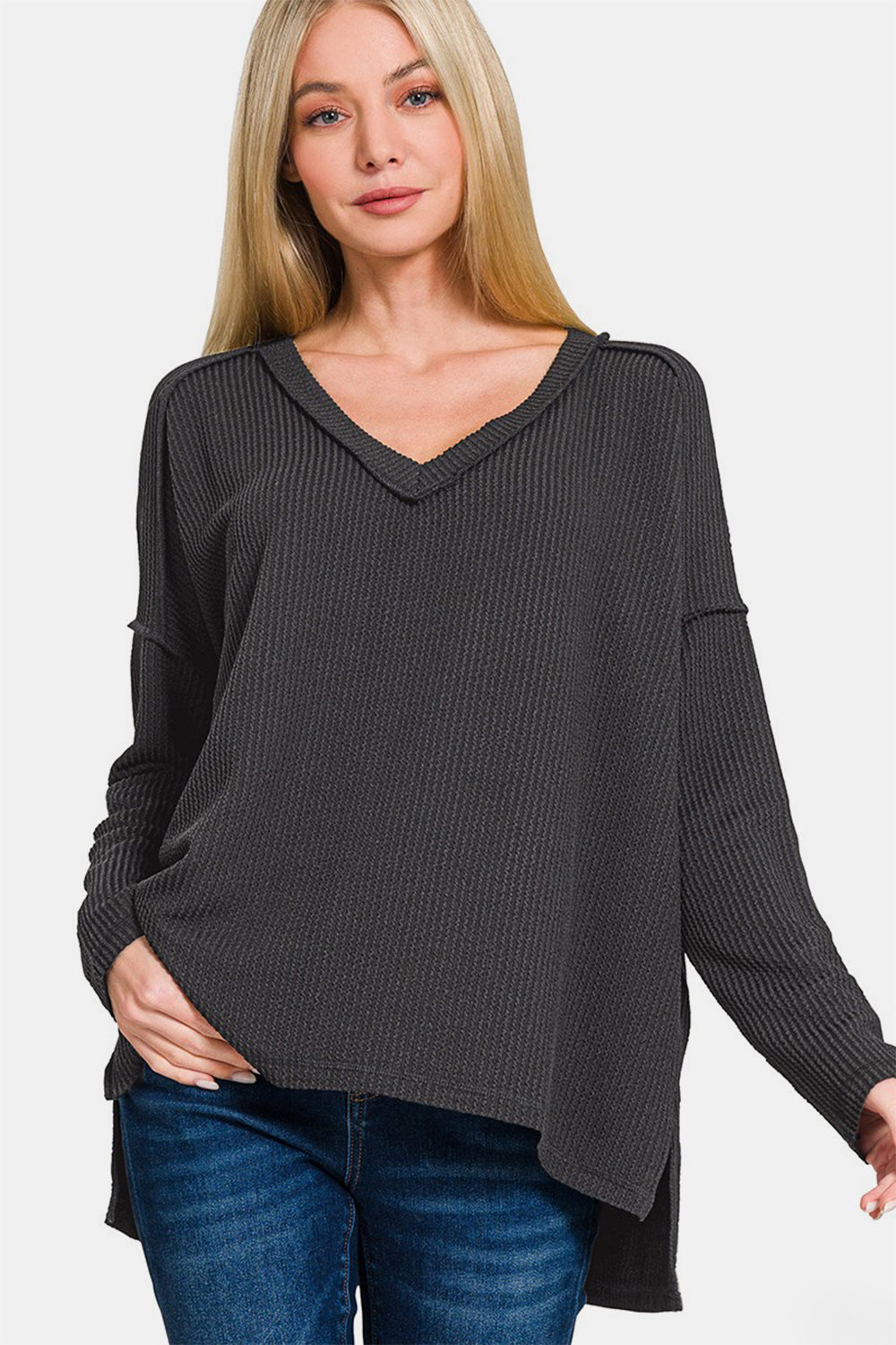 Zenana Texture Exposed Seam V-Neck Long Sleeve T-Shirt-TOPS / DRESSES-[Adult]-[Female]-Black-S/M-2022 Online Blue Zone Planet