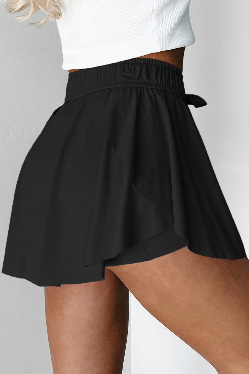 Black Drawstring High Waist Lined Tennis Skorts-Bottoms/Skirts & Petticoat-[Adult]-[Female]-2022 Online Blue Zone Planet