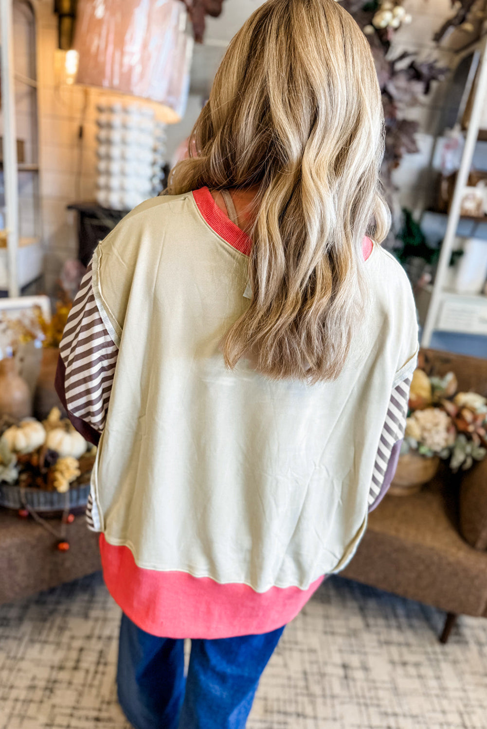 White Color Block Striped Patchwork Dolman Slit Sweatshirt-Tops/Sweatshirts & Hoodies-[Adult]-[Female]-2022 Online Blue Zone Planet