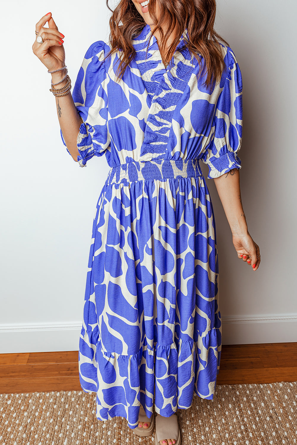 Sky Blue Abstract Print Smocked Waist Puff Half Sleeve Maxi Dress-TOPS / DRESSES-[Adult]-[Female]-2022 Online Blue Zone Planet