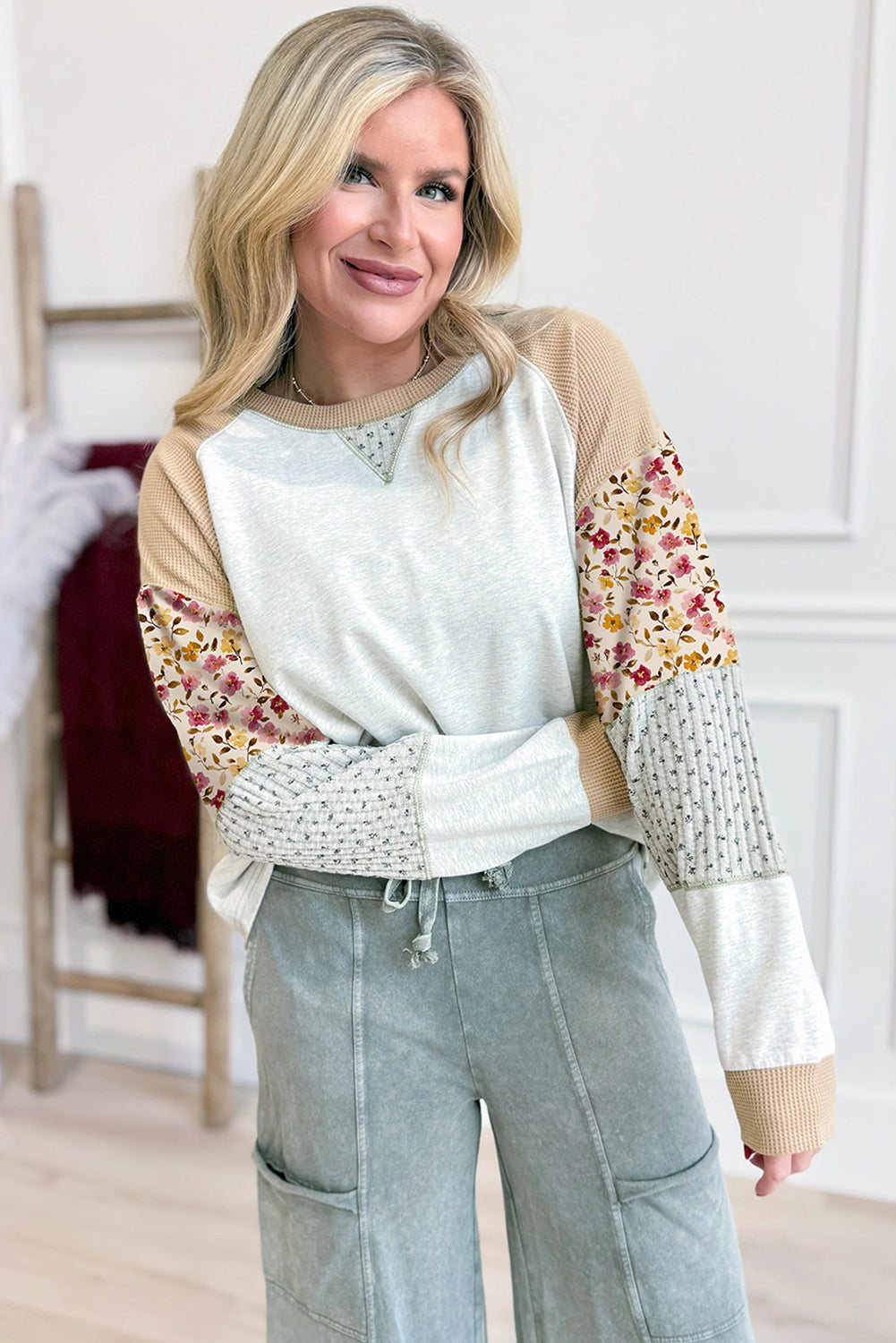 Light Grey Mixed Print Raglan Sleeve Patchwork Exposed Seam Pullover Top-Tops/Long Sleeve Tops-[Adult]-[Female]-2022 Online Blue Zone Planet