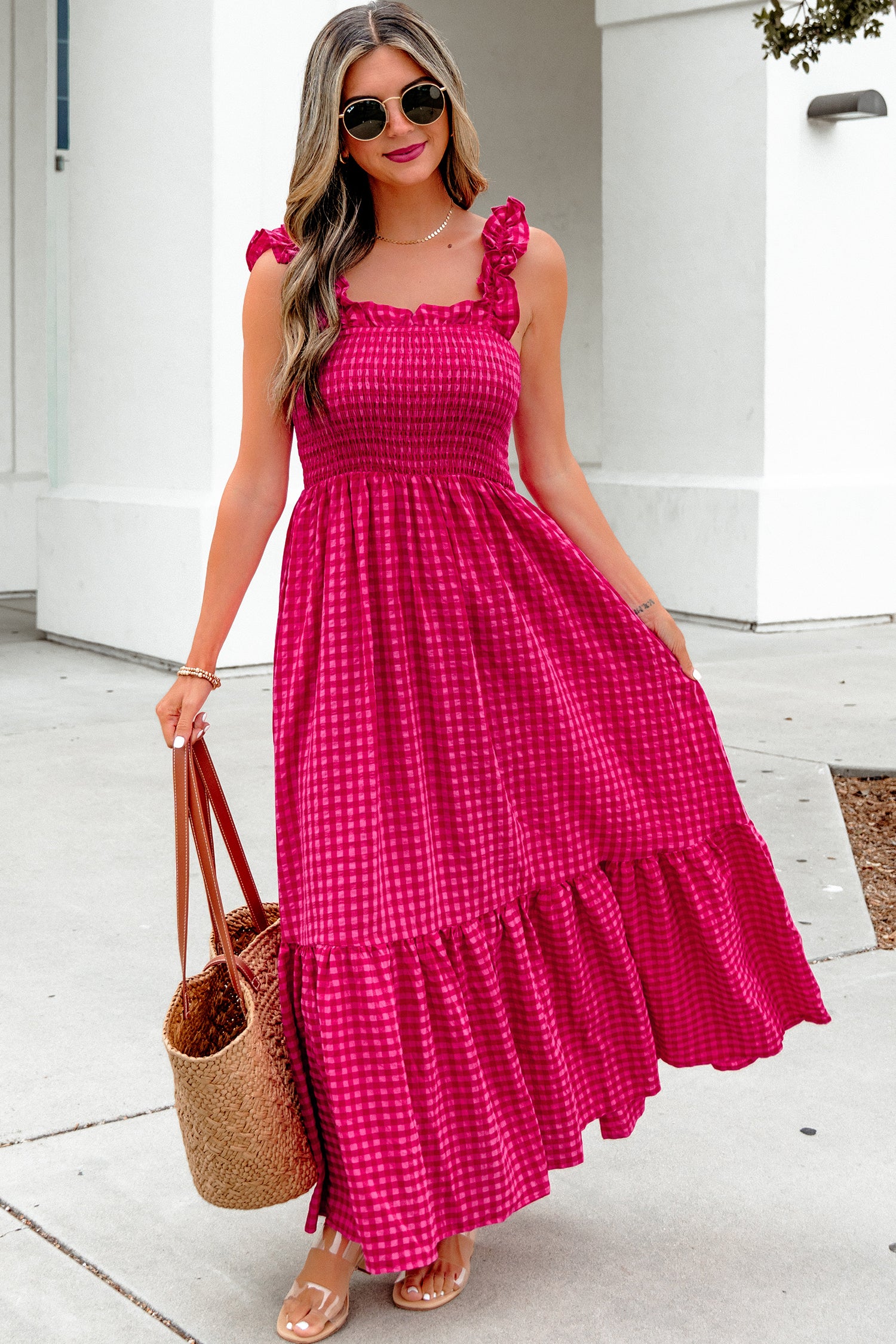 Red Plaid Square Neck Fit-and-flared Vacation Sundress-TOPS / DRESSES-[Adult]-[Female]-2022 Online Blue Zone Planet