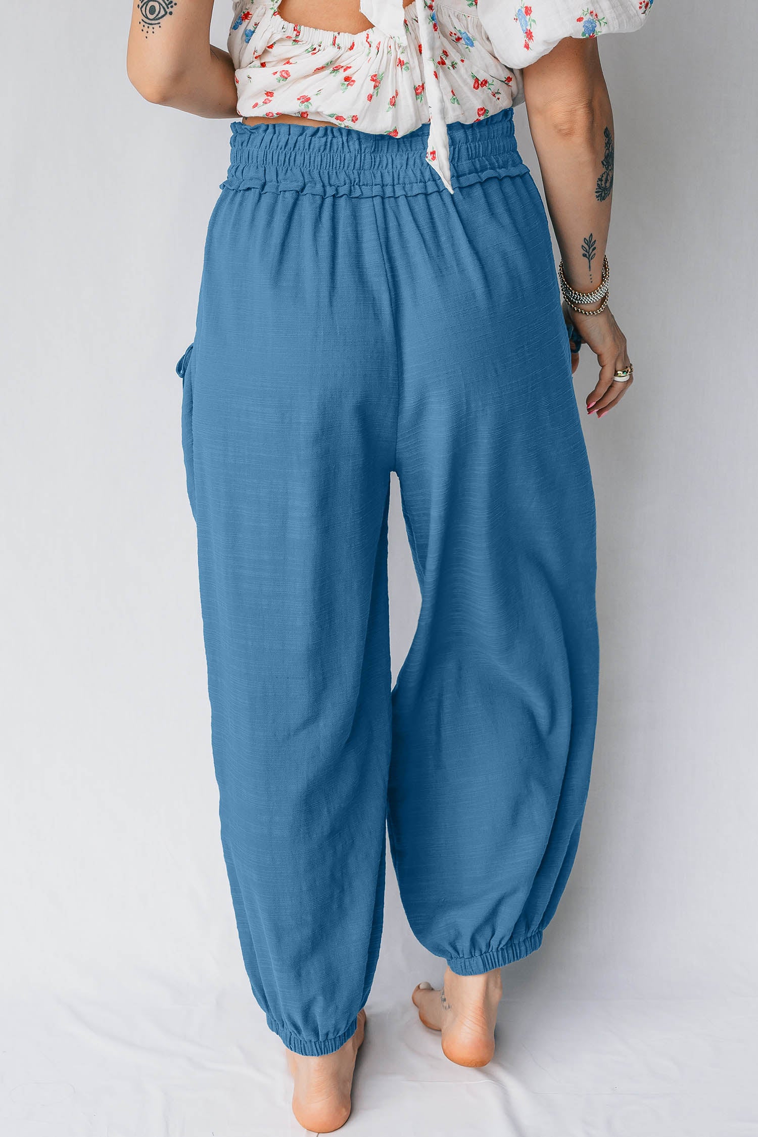 Prussian Blue Smocked Waist Casual Jogger Style Pants-Tops / Dresses-[Adult]-[Female]-2022 Online Blue Zone Planet