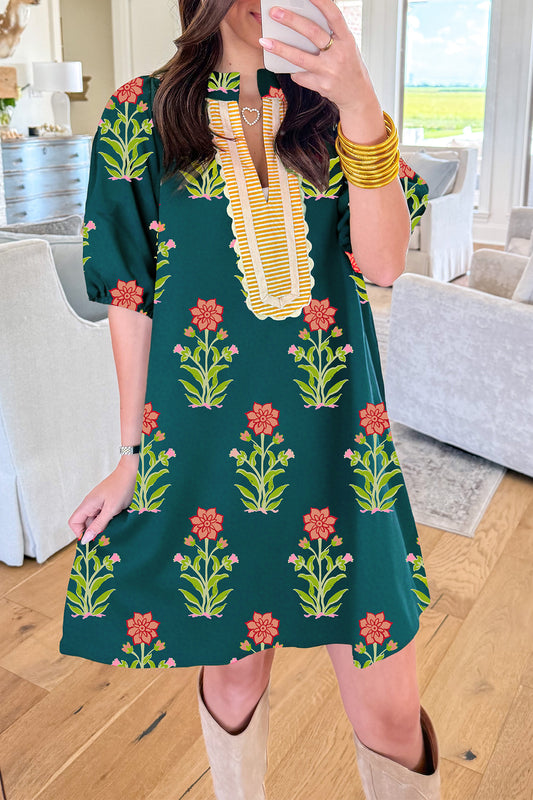 Green Floral Print Contrast Trim Striped Patchwork Short Sleeve Dress-Dresses/Floral Dresses-[Adult]-[Female]-Green-S-2022 Online Blue Zone Planet