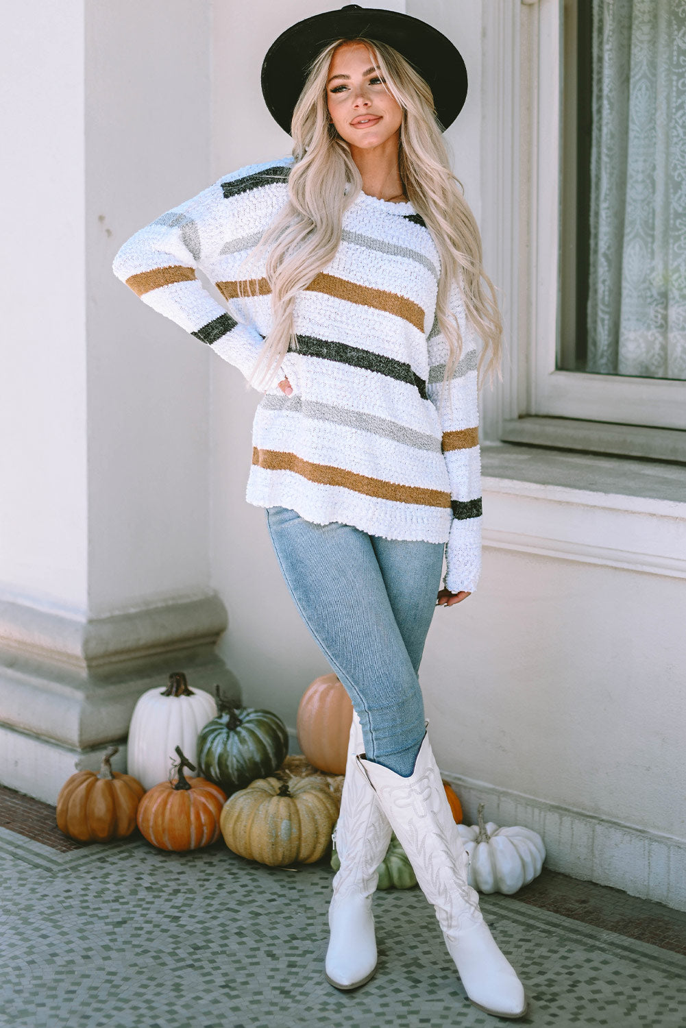 Striped Popcorn Knit Sweater-Sweaters & Cardigans/Sweaters-[Adult]-[Female]-2022 Online Blue Zone Planet