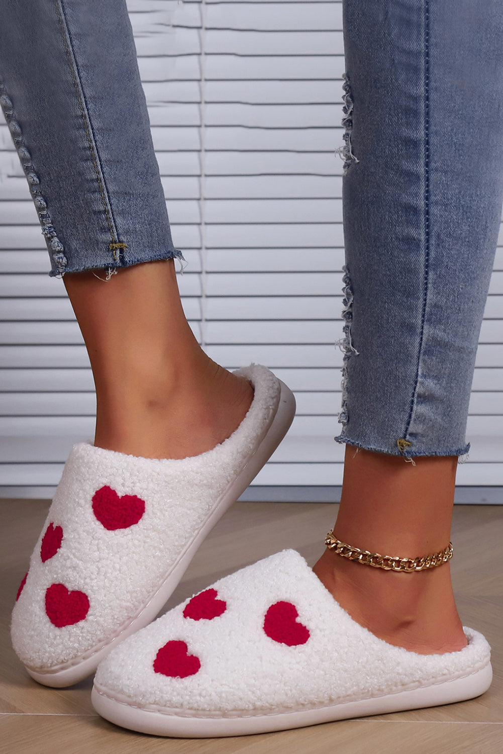 White Valentines Day Hearts Print Plush House Slippers-Shoes & Bags/Slippers-[Adult]-[Female]-2022 Online Blue Zone Planet