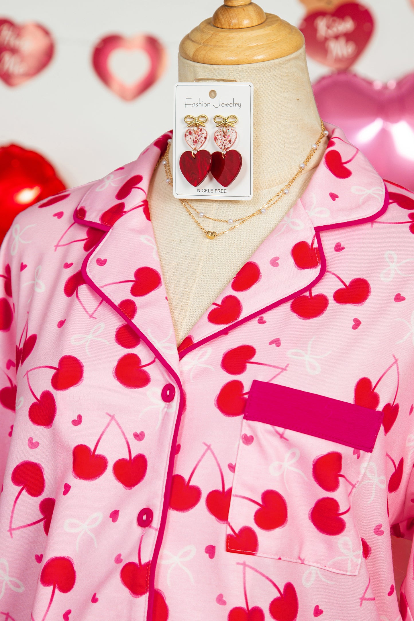 Rose Cherry Bow Mixed Print Scalloped Edge Short Pajama Set-Loungewear & Sleepwear/Loungewear-[Adult]-[Female]-2022 Online Blue Zone Planet