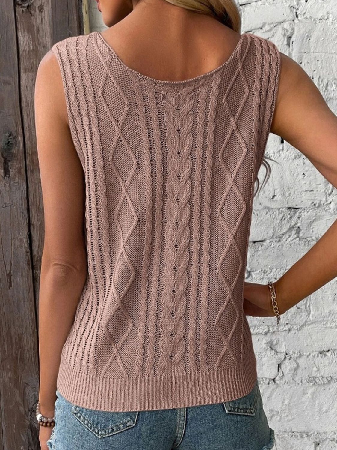 Cable-Knit V-Neck Sweater Vest-TOPS / DRESSES-[Adult]-[Female]-2022 Online Blue Zone Planet