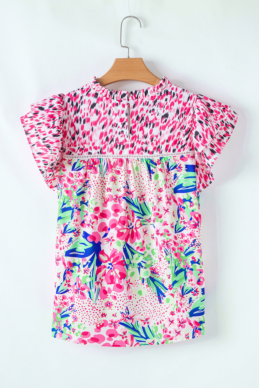Pink Floral Mixed Print Ruffle Cap Sleeve Blouse-Tops/Blouses & Shirts-[Adult]-[Female]-2022 Online Blue Zone Planet