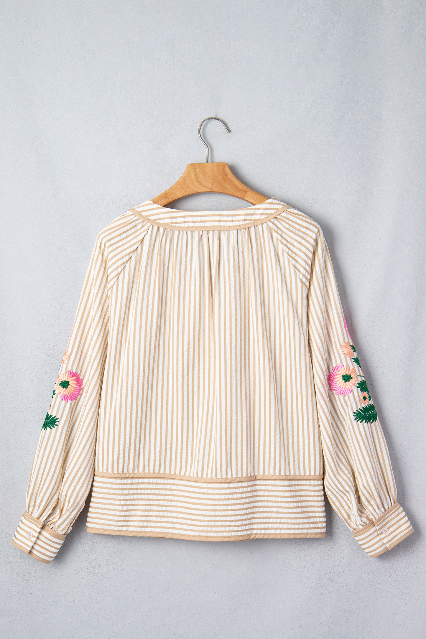 Khaki Stripe V Neck Floral Embroidered Long Sleeve Blouse-Tops/Blouses & Shirts-[Adult]-[Female]-2022 Online Blue Zone Planet