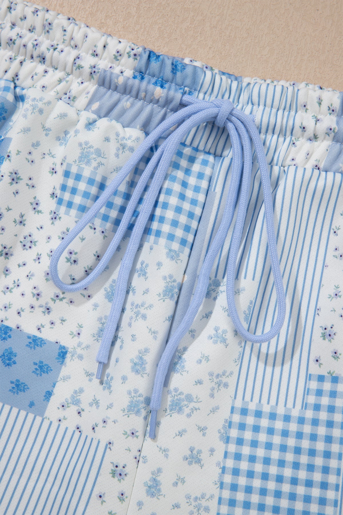 Sky Blue Patchwork Floral Print Stand Neck Long Sleeve Two-piece Outfit Plus Size Set-Plus Size/Plus Size Loungewear-[Adult]-[Female]-2022 Online Blue Zone Planet