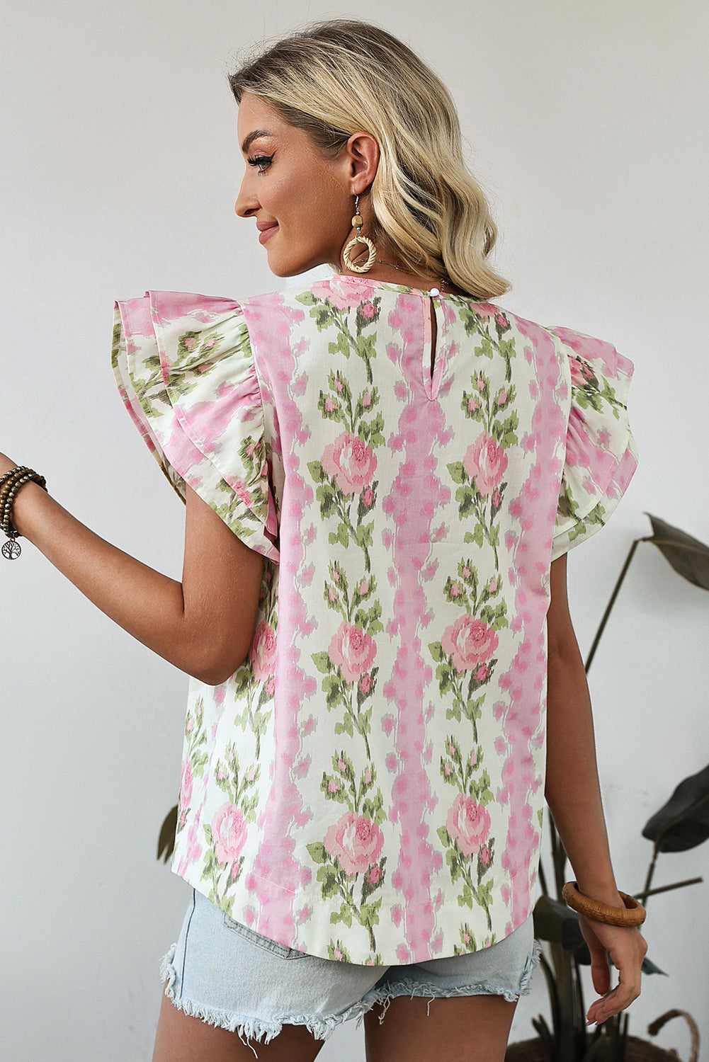Pink Floral Print Ruffled Sleeve Summer Top-Tops/Blouses & Shirts-[Adult]-[Female]-2022 Online Blue Zone Planet