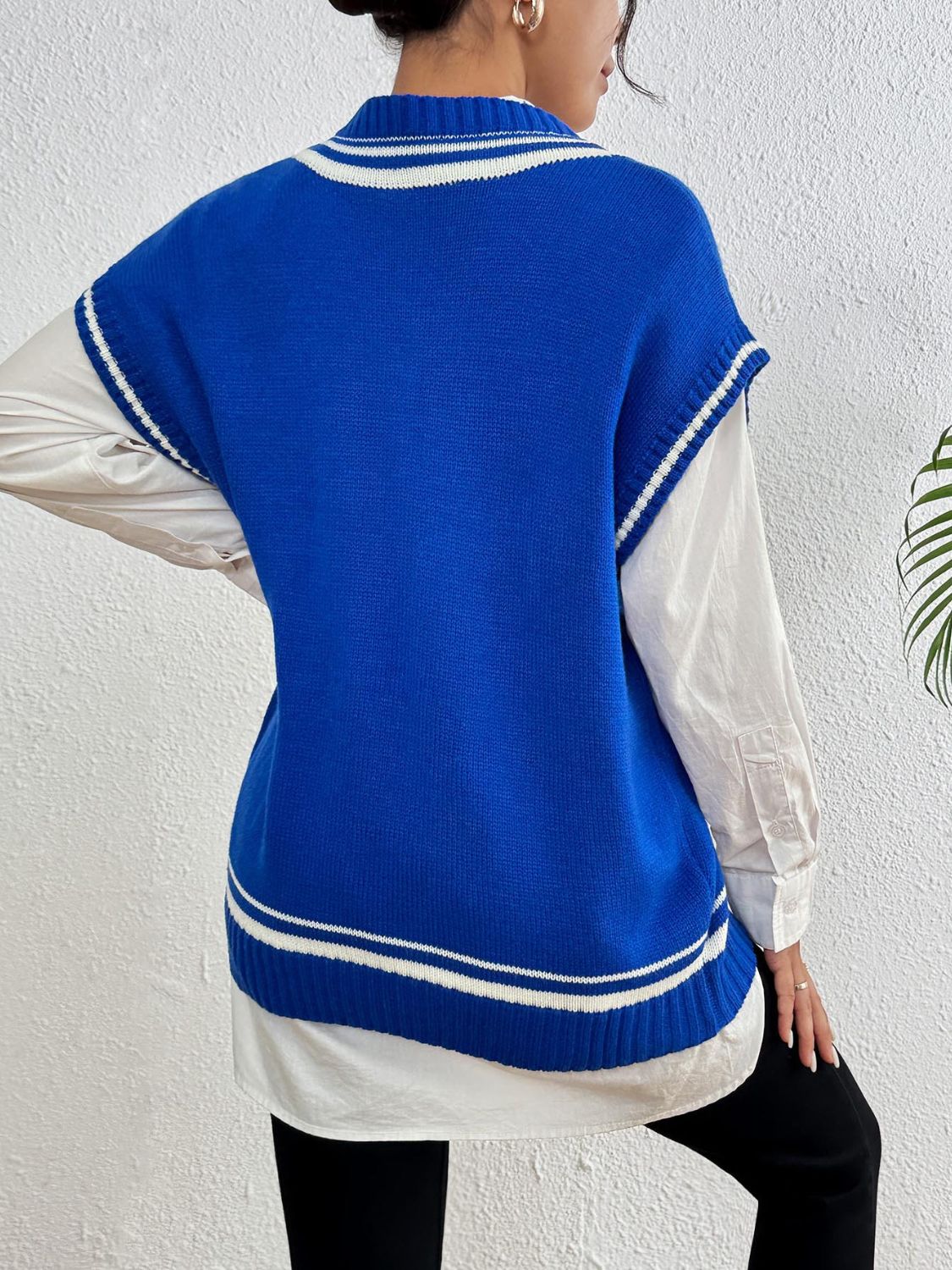 Pearl Trim Contrast V-Neck Sweater Vest-TOPS / DRESSES-[Adult]-[Female]-2022 Online Blue Zone Planet